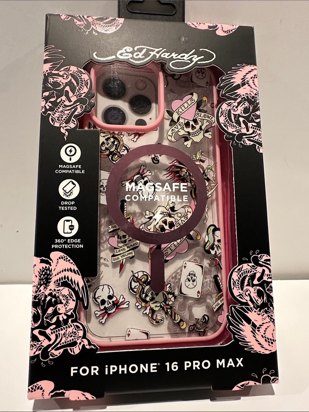NIB Ed Hardy Love Kills Slowly Pink iPhone 16 Pro Max Case MagSafe Compatible.